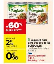 Bonduelle malles  -60%  SUR LE 2  Vandu se  2  Lekg 4,62 €  L2prod  098  Bonduelle lentilles  8 Légumes cuits dans très peu de jus BONDUELLE  Lentilles ou Pois chiches 2x 265 g Fe  Soit les 2 produits