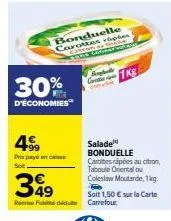 30%  d'économies  499  prix payé en cas  bonduelle carottes ples cabron ton  349  rem fideidedute carrefour.  spele cartes 1kg  salade bonduelle carottesrpées au citron, taboule oriental ou coleslaw m