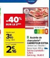 venduse  3%  -40%  sur le 2 me  l2prod  16  nutri-score  8 assiette de charcuterie carrefour extra jambon sec/rosette/ bacon fume, 200 g soitles 2 produits:  5,76 € soit le kg: 14,40 € 