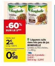 Bonduelle malles  -60%  SUR LE 2  Vandu se  2  Lek 4,62 €  L2prod  098  Bonduelle lentilles  BLégumes cuits dans très peu de jus BONDUELLE Lentilles ou Pois chiches 2x 265 g Fe  Soit les 2 produits:  