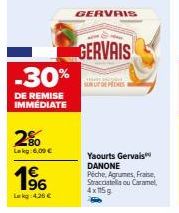 -30%  DE REMISE IMMÉDIATE  2%  Lekg:6,00 €  1⁹6  Lekg 4,26 €  GERVAIS  GERVAIS  PEDRES  Yaourts Gervais DANONE  Péche, Agrumes, Fraise, Stracciatella ou Caramel, 4x115g 