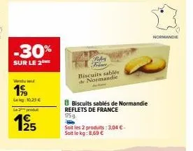 -30%  sur le 2m  vendu se  199  lekg 10,25 €  le 2 produ  125  ra frame  biscuits sablés de normandie  biscuits sablés de normandie reflets de france 175 g  soit les 2 produits: 3,04 € soit le kg: 8,6