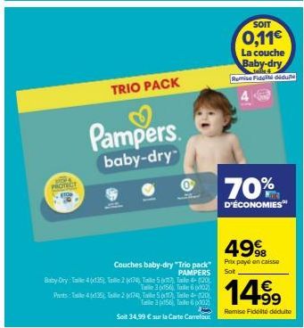 PROTECT  Couches baby-dry "Trio pack" PAMPERS  Baby Dry Tail4 (115), alle 2 (174) Taille 5, T4+20)  T3 (156) Taille 602)  TRIO PACK  Parts Taile 4 (135), Tale2 p24), Talle 5 0 Talle 4+ (120),  Tele 3 