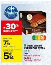 b  produits  cer  -30%  sur le 2  vendu seu  735  leg 22,62 €  le 2 produ  54  opéra surgelé carrefour extra 325g  soit les 2 produits: 12,49 € soit le kg: 19,22 €  opera  mutal score 