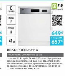 13  COUVERTS  ENERGIE  SECHAGE  A  47  BEKO PDSN25311X  PROGRAMME QUICK&SHINE 58 MN  conso eau 11.4 Licycle, 94 kWh/100 cycles, 5 programmes, bandeau de commande led, cuve inox, dép. différé 3-6-9h, a