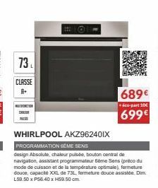 73  CLASSE A  DIRE  WHIRLPOOL AKZ962401X  PROGRAMMATION SEME SENS  design Absolute, chaleur puisée, bouton central de navigation, assistant programmateur 6ème Sens (préco du mode de cuisson et de la t