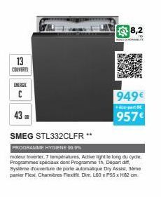 13  COUVERTS  ENERGIE  C  43 F  SMEG STL332CLFR**  PROGRAMME HYGIENE 99.95  moteur inverter, 7 températures, Active light le long du cycle, Programmes spéciaux dont Programme 1h, Départ diff Système d