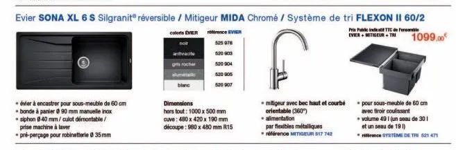 . évier à encastrer pour sous-meuble de 60 cm bonde à panier ø90 mm manuelle inox  • siphon 840 mm/ culot démontable/ prise machine à laver  pré-perçage pour robinetterie ⓒ 35 mm  evier sona xl 6 s si