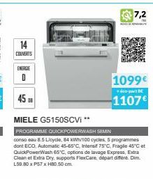 14  COUVERTS  ENERGIE  D  45  MIELE G5150SCVI **  PROGRAMME QUICKPOWERWASH SEMIN  conso eau 8.5 Licycle, 84 kWh/100 cycles, 5 programmes dont ECO, Automatic 45-65°C, Intensif 75°C, Fragile 45°C et Qui