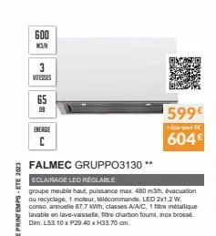 600 moh  vitesses  65  08  energie  c  599€  éco-part 5€  604€  falmec gruppo3130 **  eclairage led reglable  groupe meuble haut, puissance max. 480 m3/h, évacuation ou recyclage, 1 moteur, télécomman