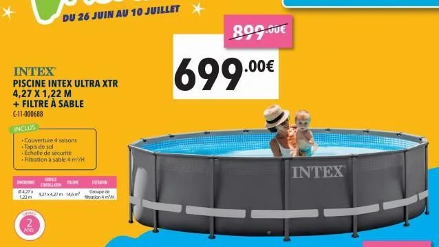 *  ihoidg  04,27x  1.22m  intex  piscine intex ultra xtr 4,27 x 1,22 m  + filtre à sable  (-11-000688  inclus  2  ans  couverture 4 saisons tapis de sol  - echelle de sécurité  filtration à sable 4 m/