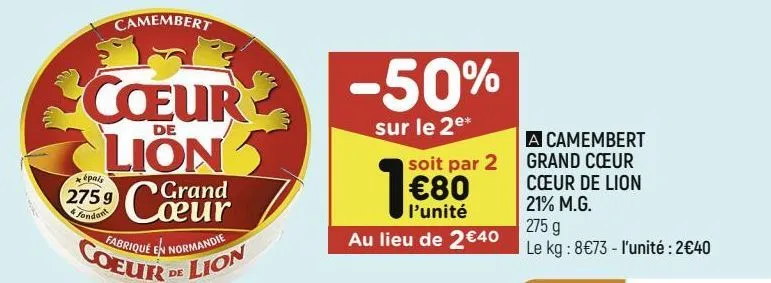 camembert grand cœur cœur de lion 21% m.g
