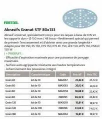 festool  abrasifs granat stf 80x133  abrasif universel, spécialement conçu pour les laquas à base de cov et les supports durs - 150 mm/48 trous-revitement spécial qui permet de prevenir fencrement et 