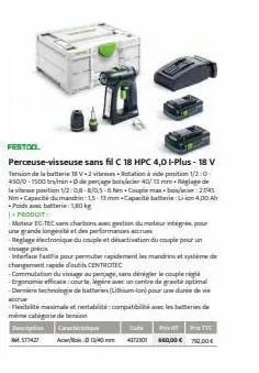 festoo  perceuse-visseuse sans fil c 18 hpc 4,0 1-plus - 18 v tersion de la batterie 18v-2 vites rtation à vide position 1/2:0 450/0-1500 tr/min+dde perçage bois/acier 40/13 men-réglage de la vitesse 