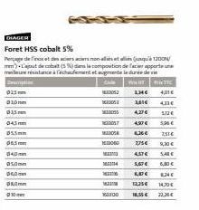 DIAGER  Foret HSS cobalt 5%  Perçage de fietsacrs acier mon-allt et (qu1200/ mm) L'ajout debat (5 %) darns la composition de l'acier apportun mwneurtance à fechaufement et augmente la durée de vie  De