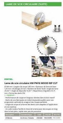 FESTOO  Lame de scie circulaire HW PW16 WOOD RIP CUT  Largeur de coupe 1,80 m  fpadelade  120 mm-alege 20 men-Nombre de dients 1600-Agdelame  20,00 Angie de depoule 15,00 Repartition 25.75 mm forme de