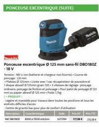 Instita  Ponceuse excentrique Ø 125 mm sans-fil DB0180Z  - 18 V  T18 pona  (tarie et chargeur non four-Course de  Plata 125mmLivrée avec sac nécuperateur de poussere ef 1dque abr 125men grain 120-3 sb