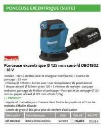 instita  ponceuse excentrique ø 125 mm sans-fil db0180z  - 18 v  t18 pona  (tarie et chargeur non four-course de  plata 125mmlivrée avec sac nécuperateur de poussere ef 1dque abr 125men grain 120-3 sb