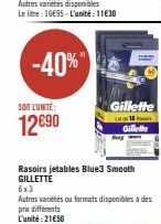 -40%"  SOIT L'UNITÉ:  12€90  Gillee  Rasoirs jetables Blue3 Smooth GILLETTE  6x3  Autres variétés ou formats disponibles à des prix différents L'unité:21€50 