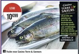 le kg  10€99  truite rose casino terre & saveurs  casino terre& saveurs  célevée en ardèche, élevée en normandie, élevée dans les pyrénées atlantique, élevée dans le pas de calais)  goûtez la differen