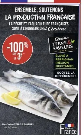 ensemble, soutenons  la production française  la pêche et l'aquaculture françaises sont à l'honneur chez casino  -100%  sur 3e"  bar casine terre & saveurs le lot de 3 pièces  casino  terre & saveurs 