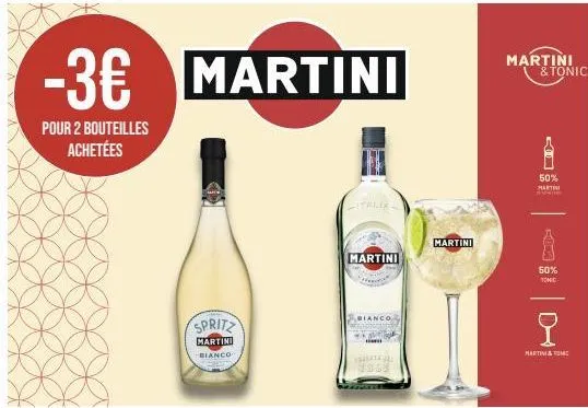 -3€ martini  pour 2 bouteilles achetées  spritz  martini bianco  italie  martini  bianco  salate  martini  martini & tonic  50%  chaetini  i  50%  tono  오  martini &tom 