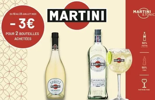 ou 10 au 23 juillet 2023  - 3€  pour 2 bouteilles achetées  spritz  martini bianco  martini  bianco  f25a 1303  martini  martini & tonic  50%  marti  |  8  50%  tomc  오  martin & tom  