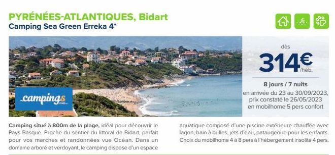 PYRÉNÉES-ATLANTIQUES, Bidart Camping Sea Green Erreka 4*  campings  Camping situé à 800m de la plage, idéal pour découvrir le Pays Basque. Proche du sentier du littoral de Bidart, parfait pour vos mar