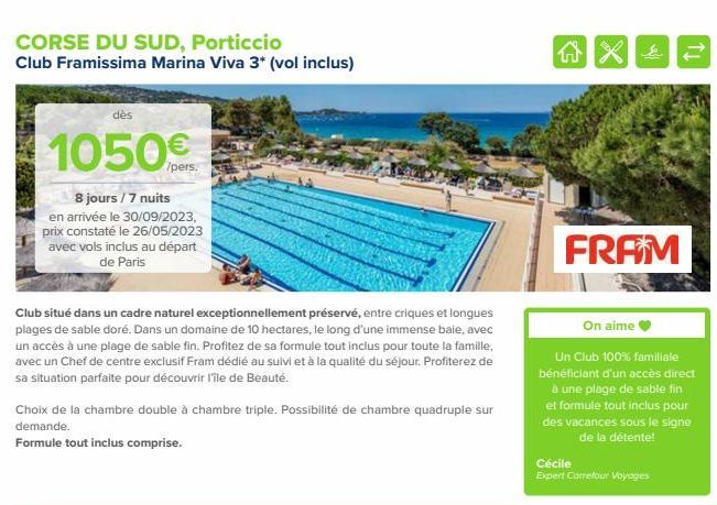 CORSE DU SUD, Porticcio  Club Framissima Marina Viva 3* (vol inclus)  dès  1050€  /pers.  8 jours / 7 nuits  en arrivée le 30/09/2023, prix constaté le 26/05/2023 avec vols inclus au départ de Paris  