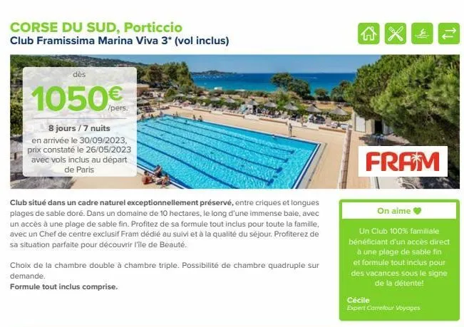 corse du sud, porticcio  club framissima marina viva 3* (vol inclus)  dès  1050€  /pers.  8 jours / 7 nuits  en arrivée le 30/09/2023, prix constaté le 26/05/2023 avec vols inclus au départ de paris  