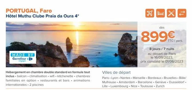 portugal, faro  hôtel muthu clube praia da oura 4*  made by carrefour (  voyages  hébergement en chambre double standard en formule tout inclus.balcon. climatisation wifi kitchenette chambres familial