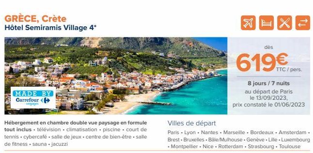 GRÈCE, Crète Hôtel Semiramis Village 4*  MADE BY Carrefour (  voyages  Hébergement en chambre double vue paysage en formule tout inclus • télévision climatisation piscine court de tennis • cybercafé -