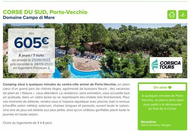 CORSE DU SUD, Porto-Vecchio Domaine Campo di Mare  dès  605€  8 jours / 7 nuits en arrivée le 23/09/2023, prix constaté le 24/05/2023  en logement Premium 2  Camping situé à quelques minutes du centre