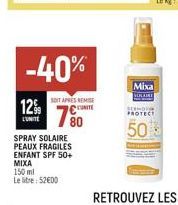 12%  L'UNITE  -40%  SPRAY SOLAIRE PEAUX FRAGILES  ENFANT SPF 50+  SOIT APRÈS REMISE  C  80  MIXA  150 ml  Le litre: 52600  Mixa  SOLAIRE SERMON PROTECT  50 