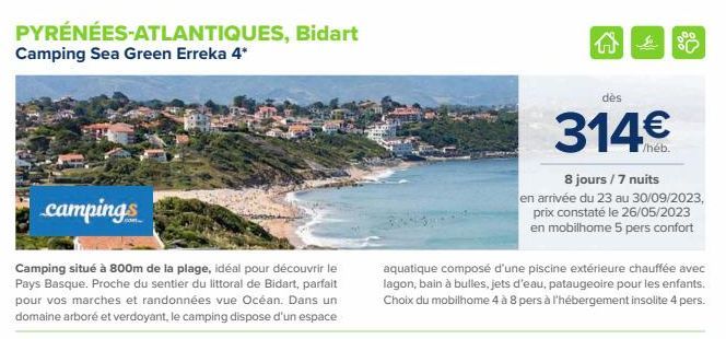 PYRÉNÉES-ATLANTIQUES, Bidart Camping Sea Green Erreka 4*  campings  Camping situé à 800m de la plage, idéal pour découvrir le Pays Basque. Proche du sentier du littoral de Bidart, parfait pour vos mar