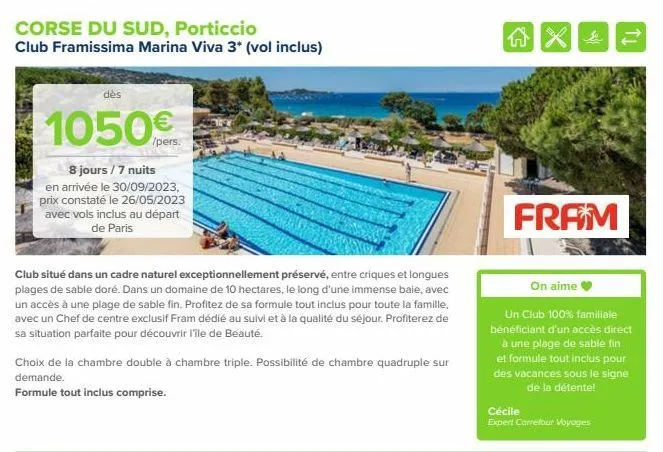 corse du sud, porticcio  club framissima marina viva 3* (vol inclus)  dès  1050€  /pers.  8 jours / 7 nuits  en arrivée le 30/09/2023, prix constaté le 26/05/2023 avec vols inclus au départ de paris  