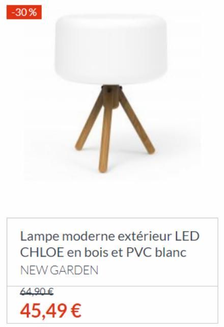 -30%  Lampe moderne extérieur LED CHLOE en bois et PVC blanc NEW GARDEN  64.90 €  45,49 € 