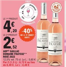 LE 1 PRODUIT  4,50  2014  léger  FRUIT  sec  CH  prononce  PERSONNALITE  doux  ,20 -40%  LE 2PRODUIT SUR LE 2 PRODUIT ACHETE  2,2  1,52  AOP GAILLAC DOMAINE FRAYSSE**  ROSE 2022  12,5% vol. 75 cl. Le 