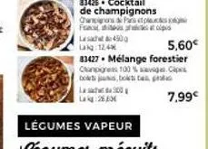 83426. cocktail  de champignons champignons de pars pla fredalps  450  lag:12,4%  5,60€  83427. mélange forestier change 100% c  7,99€  l300 lag:26,0 