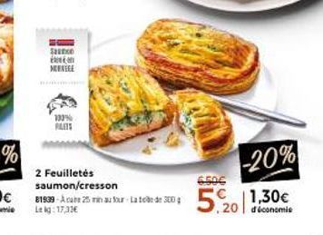 SECO n  MENECE  133%  2 Feuilletés saumon/cresson  81939-Aca 25 min au four-Lato de 300 Lekg: 17,33€  6.50€  -20%  1,30€ 20 déconomie 