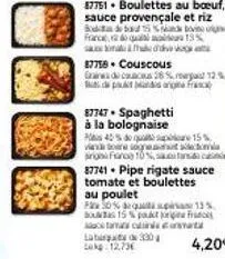 dive  87747. spaghetti  à la bolognaise  87751 boulettes au boeuf, sauce provençale et riz sodba bovine france 13% sama  lab&sq$\tf& qu 2000  lokg12,73€  87758. couscous  graires de cacs 28 % marga 12