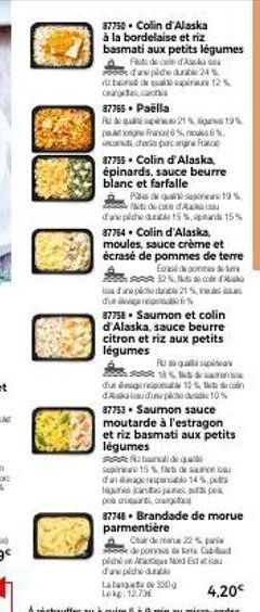 87750 Colin d'Alaska à la bordelaise et riz  basmati aux petits légumes  Ft de cat d'Alca das pide a 24%  bir 12%  co  87765. Paëlla  R21% 19%  po Franc  ancheria paragra 87755. Colin d'Alaska, épinar