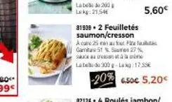 label 200  lokg:21,54€  31938.2 feuilletés saumon/cresson a care 25 anatete gama stams 27% sant  late de 300 g-lag 17.55€  -20% 50€ 5.20€  5,60€ 