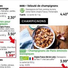 cand  2,30€  des  2.20... 1,99  3,50€  88006 Velouté de champignons  Champignons de Paris, po  crans faces Fran Parti  CHAMPIGNONS  33423 Champignons de Paris émincés biologiques  47 Le C  da Fara 1 c