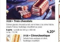 6 parts-lab lag:13,19€  31220 trois chocolats océs chocas, no et blanc à la  focacc  3200000  4,20€  31125 citron/exotique  att de 