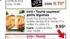 8,99€ 6,70€  81918. Tourte saumon/ petits légumes  Acu 30 635 min au four  kuke. Gamtare 50% 15% cints 3% oss  4 parts-La bod 500 9,95€  Lk 19:30E 