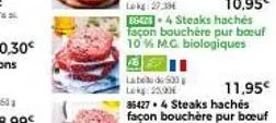 10,95€  86428 4 steaks hachés façon bouchère pur boeuf 10% m.g. biologiques  label 500 lokg: 25.90€ 