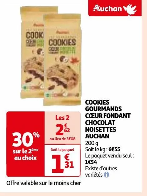 cookies gourmands cœur fondant chocolat noisettes auchan