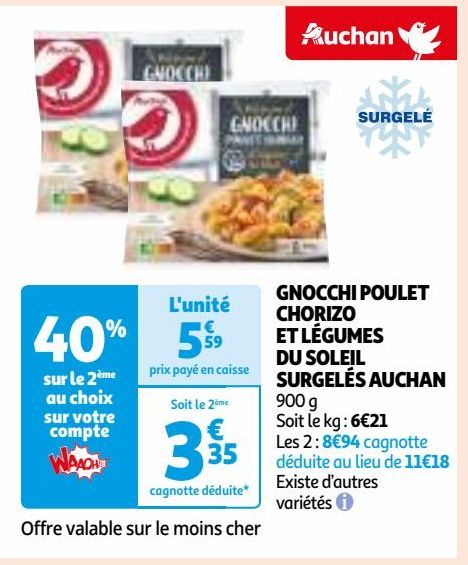 GNOCCHI POULET CHORIZO ET LÉGUMES DU SOLEIL SURGELÉS AUCHAN