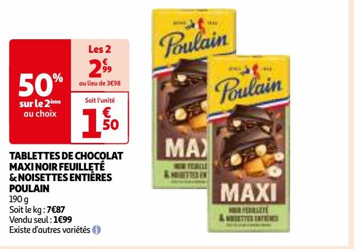 TABLETTES DE CHOCOLAT MAXI NOIR FEUILLETÉ & NOISETTES ENTIÈRES POULAIN